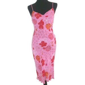 Angie Dress M Pink Red Orange Floral Hibiscus Hawaiian Y2K Slip Midi 100% Rayon